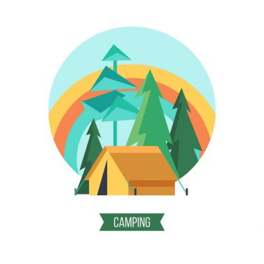 Kamp. Vektör çizim. Yaz Açık Rekreasyon.