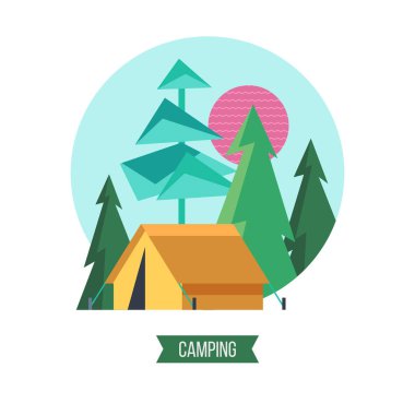 Kamp. Vektör çizim. Yaz Açık Rekreasyon.