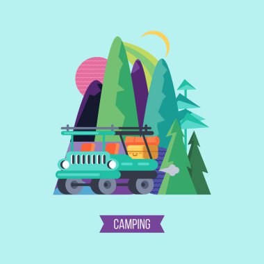 Araba ile doğa için seyahat. Vektör çizim.