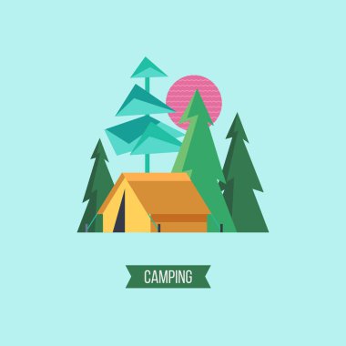 Kamp. Vektör çizim. Yaz Açık Rekreasyon.