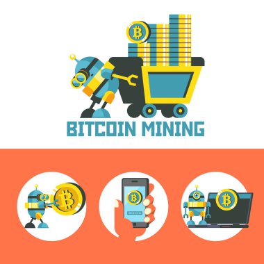 Bitcoin incelemesi. Sevimli robot bitcoins üretir. Vektör çizim
