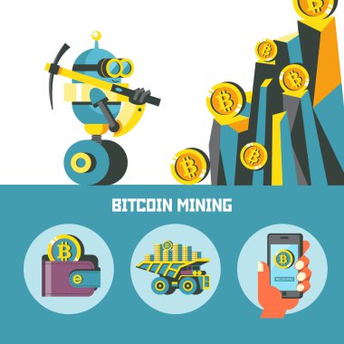 Bitcoin incelemesi. Sevimli robot bitcoins üretir. Vektör çizim