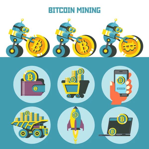 stock vector Bitcoin mining. Cute robot produces bitcoins. Vector illustration