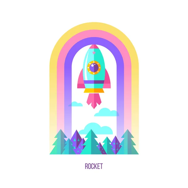 ロケットは飛ぶ森と虹。ベクトル illustratio — ストックベクタ