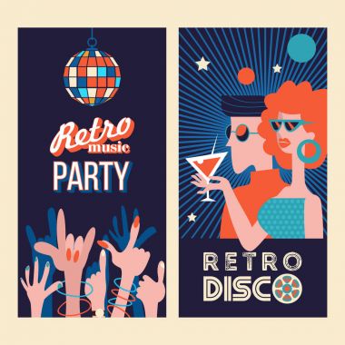 Retro disko. Vektör çizim, poster.