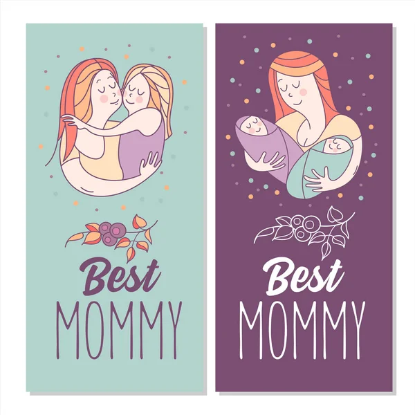 Grußkarte Muttertag. die beste Mama. eine hübsche Mutter hält — Stockvektor