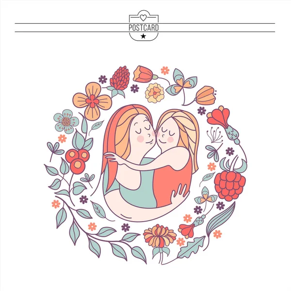 Greeting card mother's day. The best mom. A pretty mother holds — Stock Vector