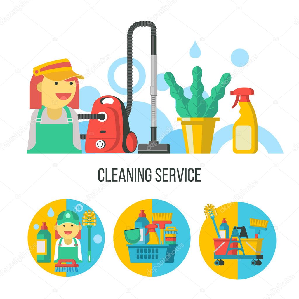 Service cleaning. Colorful vector illustration, Emblem. Cleaning kit. Cheerful maid, cleaning lady in overalls.