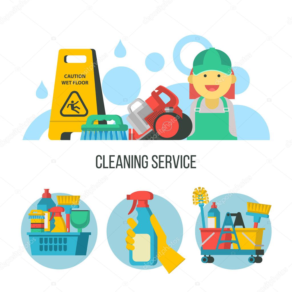 Service cleaning. Colorful vector illustration, Emblem. Cleaning kit. Cheerful maid, cleaning lady in overalls.