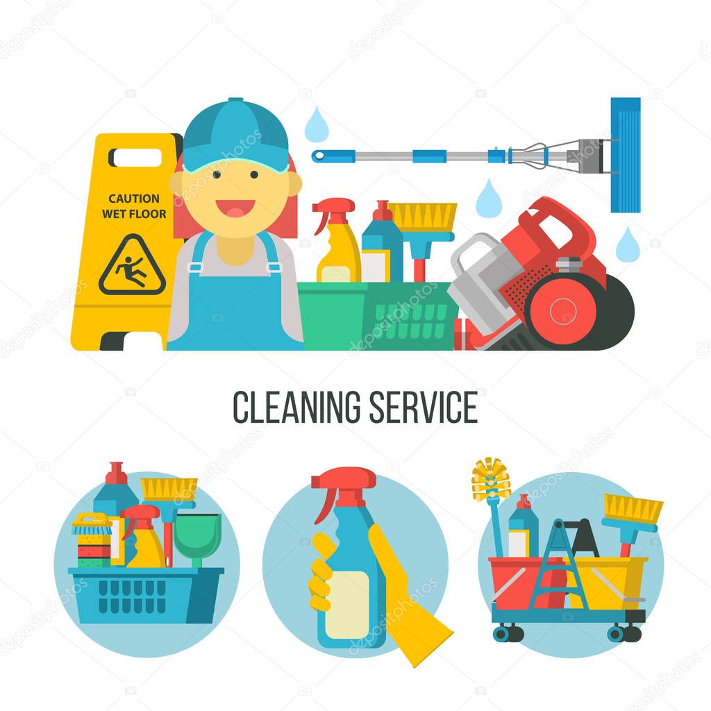 Service cleaning. Colorful vector illustration, Emblem. Cleaning kit. Cheerful maid, cleaning lady in overalls.