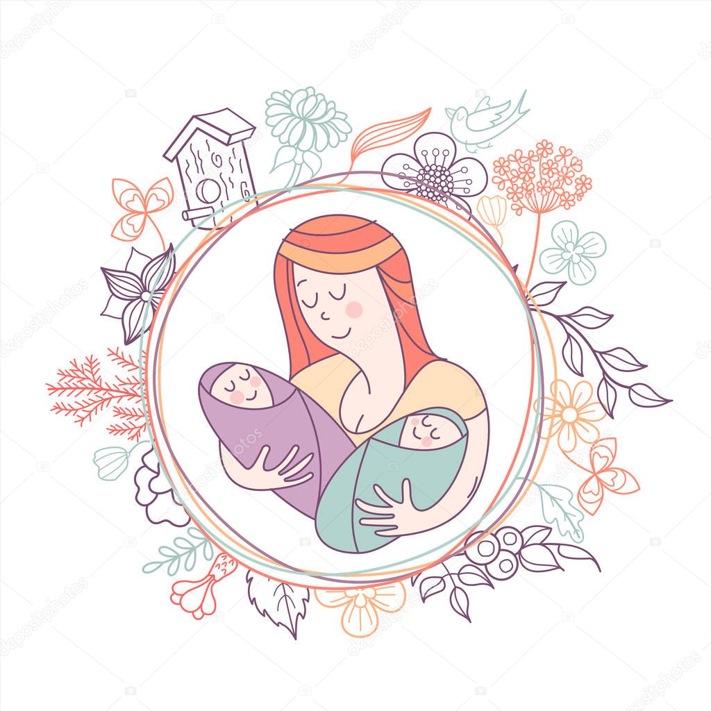 Greeting card mother's day. The best mom. A pretty mother holds cute baby. Linear illustration. Vector emblem. The floral pattern.