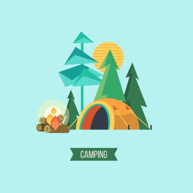 Kamp. Vektör çizim. N bir çadırda yaz tatili