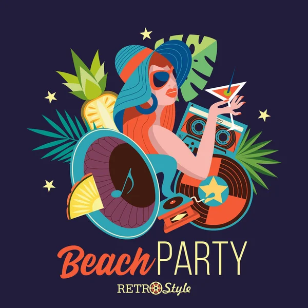 Beachparty. Retro-Musik. Vektorillustration. — Stockvektor