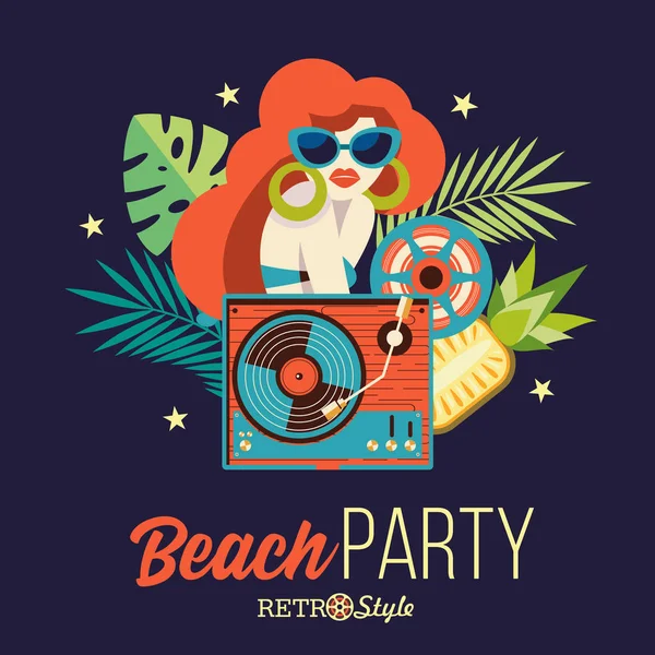 Beachparty. Retro-Musik. Vektorillustration. — Stockvektor
