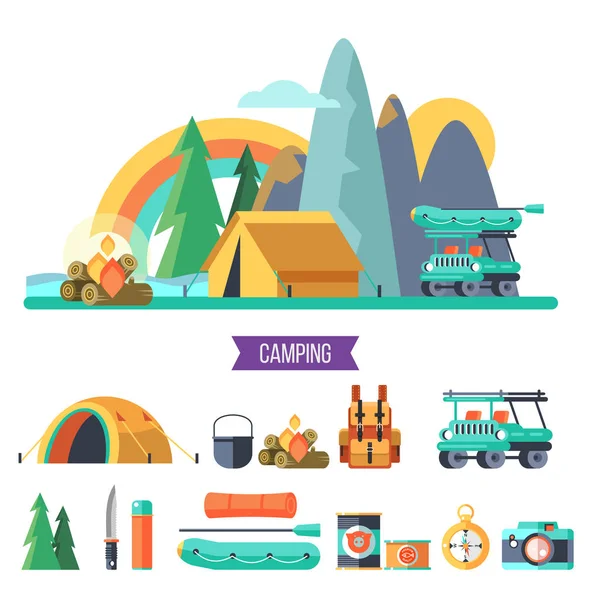 Acampar. Ilustración vectorial. Vacaciones de verano en una tienda en el n — Vector de stock