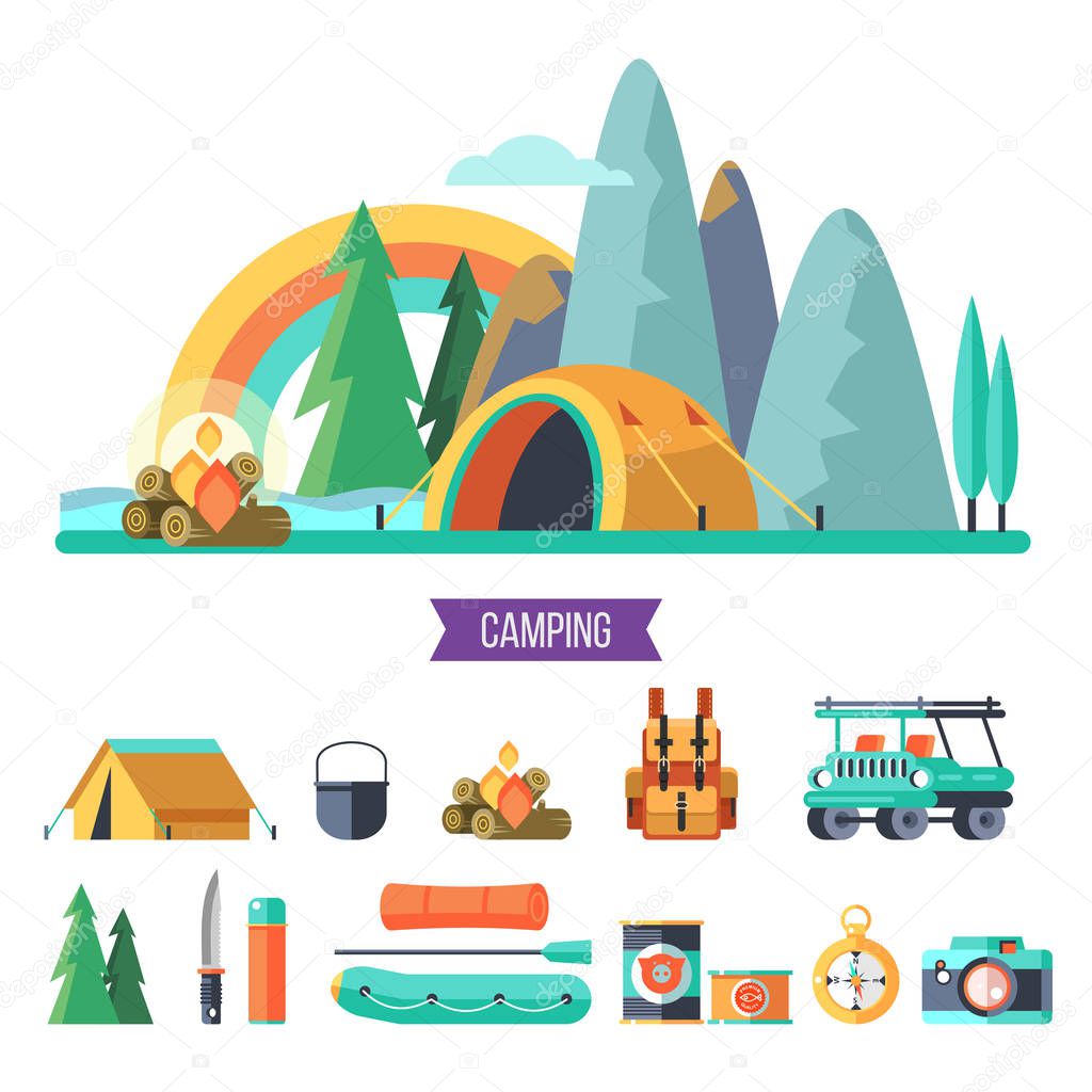 Camping. Vector illustration. Summer holidays in a tent on the nature