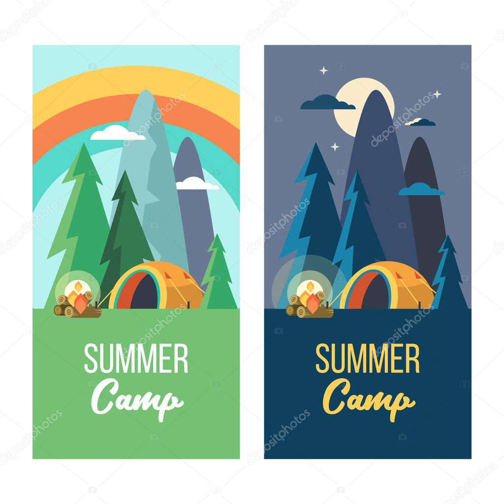 Camping. Vector illustration. Summer holidays in a tent on the n