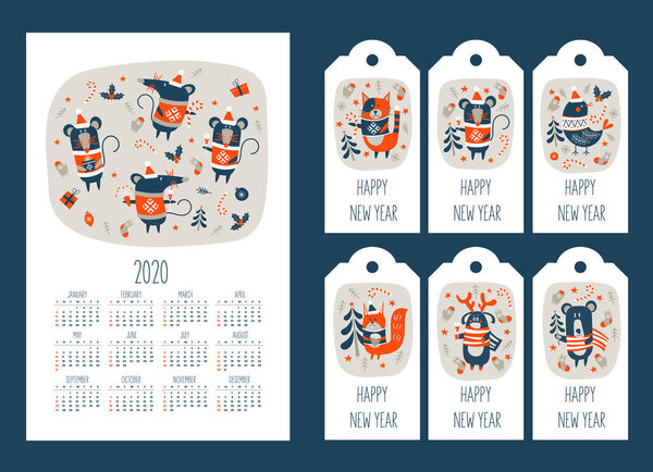 2020 calendar with the symbol of the year of the mouse. Set of t