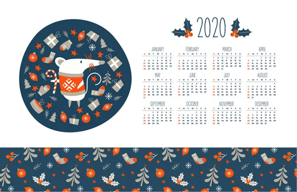 Calendarul 2020 cu simbolul anului mouse-ului. Ilustrație vectorială . — Vector de stoc