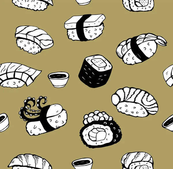 Sushi japonés. Patrón blanco y negro sin costuras. Sobre un fondo dorado. Diferentes tipos de sushi y amapolas. Dibujo manual de ilustración vectorial — Vector de stock