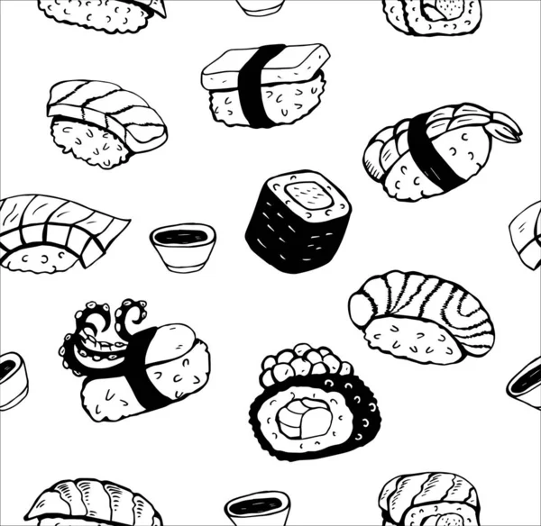 Japanese sushi. Seamless black and white pattern. Vector illustration hand drawn — Stock Vector