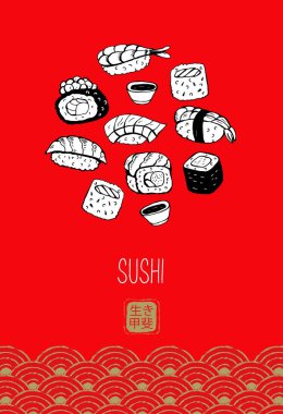 Suşi rulosu, kırmızı arka planda siyah vektör çizgisi. Farklı suşi türleri: maki, nigiri, gunkan, temaki. Japon yemek menüsü tasarım elementleri. Hiyeroglifin anlamı hayatın anlamı demektir.