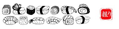 Suşi rulosu, beyaz arka planda siyah vektör çizgisi. Farklı suşi türleri: maki, nigiri, gunkan, temaki. Japon yemek menüsü tasarım elementleri. Japonca karakterin anlamı suşi.