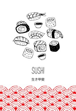 Suşi rulosu, beyaz arka planda siyah vektör çizgisi. Farklı suşi türleri: maki, nigiri, gunkan, temaki. Japon yemek menüsü tasarım elementleri. Hiyeroglifin anlamı hayatın anlamı demektir.