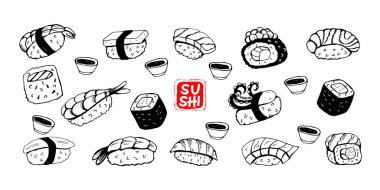 Suşi rulosu, beyaz arka planda siyah vektör çizgisi. Farklı suşi türleri: maki, nigiri, gunkan, temaki. Japon yemek menüsü tasarım elementleri