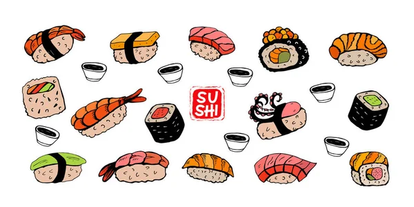 Rouleau Sushi Dessin Ligne Vectorielle Noire Différentes Espèces Sushis Maki — Image vectorielle