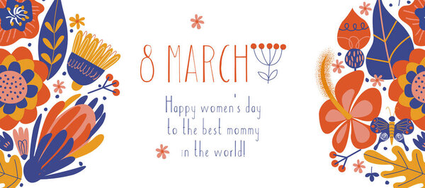 Поздравительная открытка, баннер, для лучшей мамы на международный женский день 8 марта. Букеты красочных цветов. Векторная иллюстрация на белом фоне
