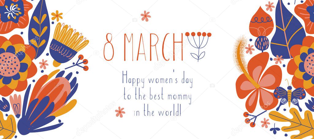 Greeting card, banner, for the best mother for the international women's day on March 8. Bouquets of colorful flowers. Vector illustration on a white background