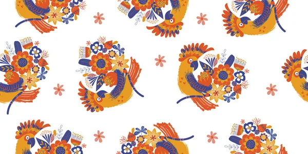 Naadloos Patroon Een Witte Achtergrond Kleurrijke Kaketoe Papegaaien Boeketten Bloemen — Stockvector