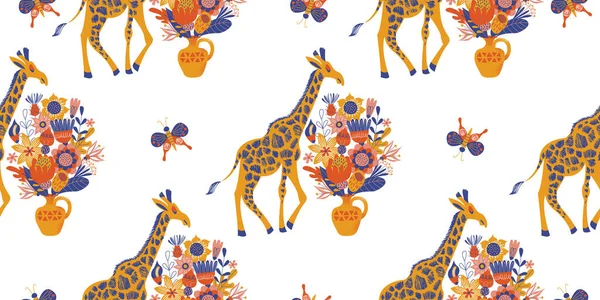 Model Fără Sudură Girafe Drăguțe Buchete Flori Vase Ilustrație Vectorială — Vector de stoc