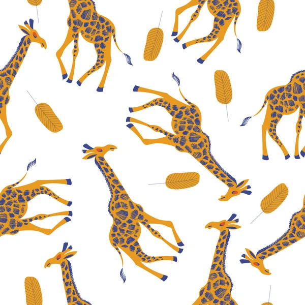 Model Fără Sudură Fundal Alb Girafe Drăguțe Frunze Palmier — Vector de stoc