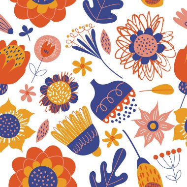 İskandinav tarzında parlak minimalist çiçeklerle kusursuz bir desen. Beyaz arkaplanda vektör illüstrasyonu.