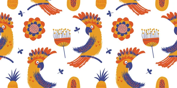 Seamless Pattern Colorful Cockatoo Parrots Minimalistic Flowers Vector Illustration White — Stock Vector