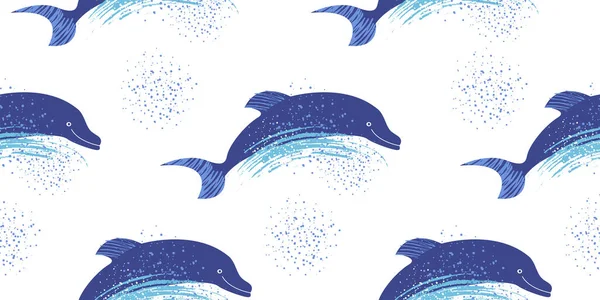바탕에 바다없는 무늬가 파도를 가르며 질주하는 돌고래 — 스톡 벡터