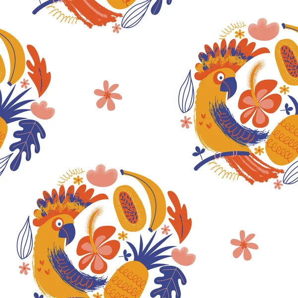 Exotic Seamless Pattern Cockatoo Parrots Bright Tropical Flowers Fruits Vector — Stock Vector