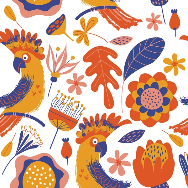 Εξωτικό Μοτίβο Χωρίς Ραφή Παπαγάλοι Cockatoo Και Φωτεινά Τροπικά Λουλούδια — Διανυσματικό Αρχείο