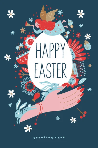 节日贺卡的矢量模板 春天的设计 复活节快乐手拿着彩绘复活节彩蛋 蓝色背景上的矢量图解 — 图库矢量图片