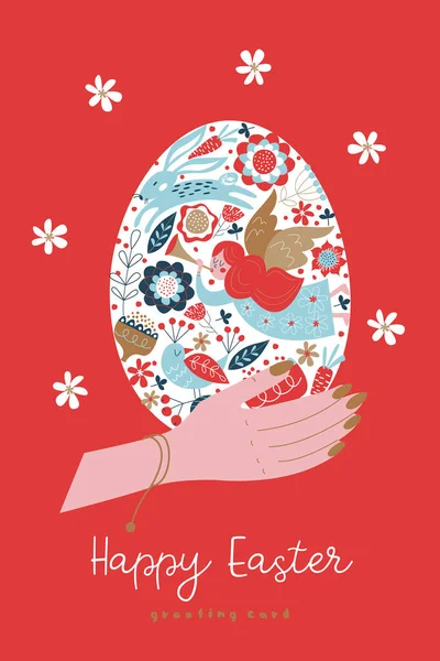 节日贺卡的矢量模板 春天的设计 复活节快乐手拿着彩绘复活节彩蛋 红色背景上的矢量说明 — 图库矢量图片