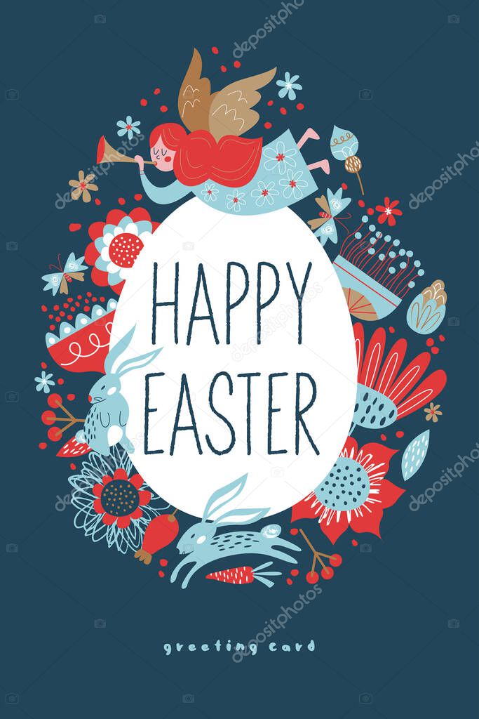Vector template for holiday greeting cards. Spring design. happy Easter. Collage of Easter elements, flowers, rabbits, angels, painted eggs. Vector illustration on a blue background.