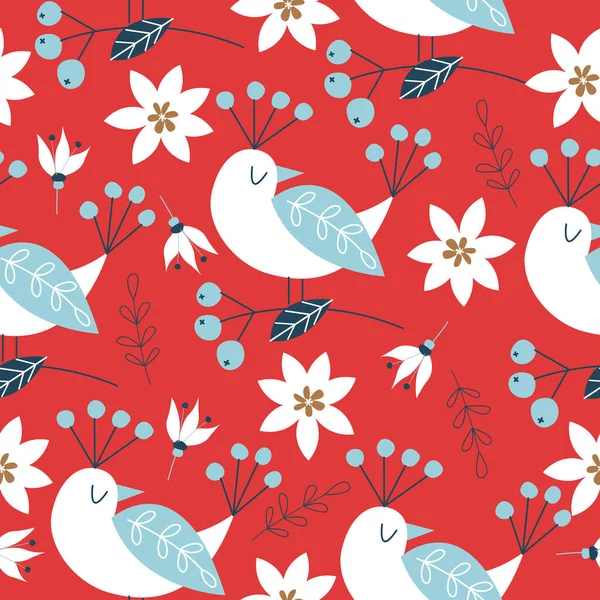 Весенний Бесшовный Рисунок Птицами Векторная Стилизованная Иллюстрация Красном Фоне Печати — стоковый вектор