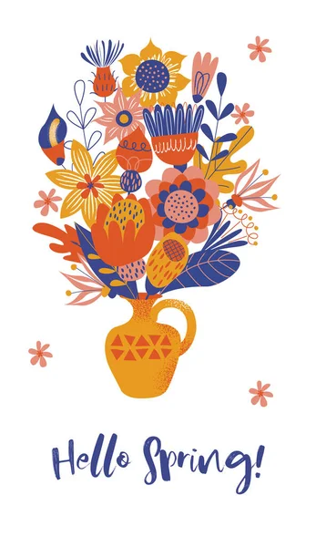 Hallo Frühling Gelbe Vase Mit Einem Strauß Großer Bunter Blumen — Stockvektor