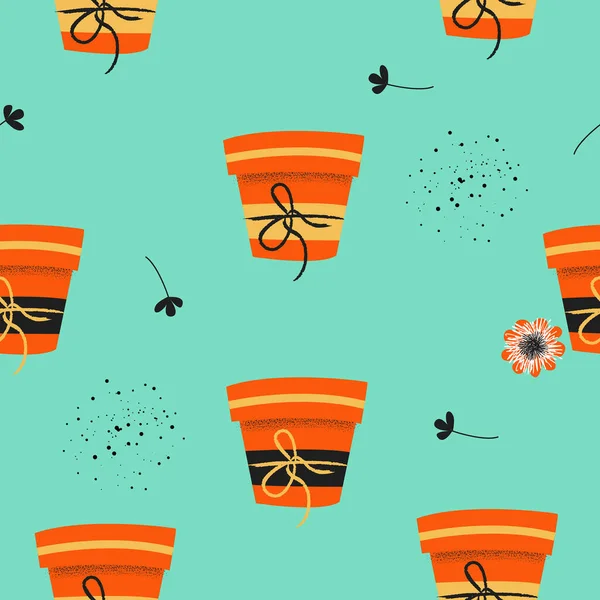 Seamless Pattern Blue Background Flower Pots Seedlings Vector Illustration Seasonal — Stock Vector