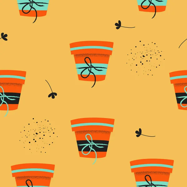 Seamless Pattern Yellow Background Flower Pots Seedlings Vector Illustration Seasonal — Stock Vector