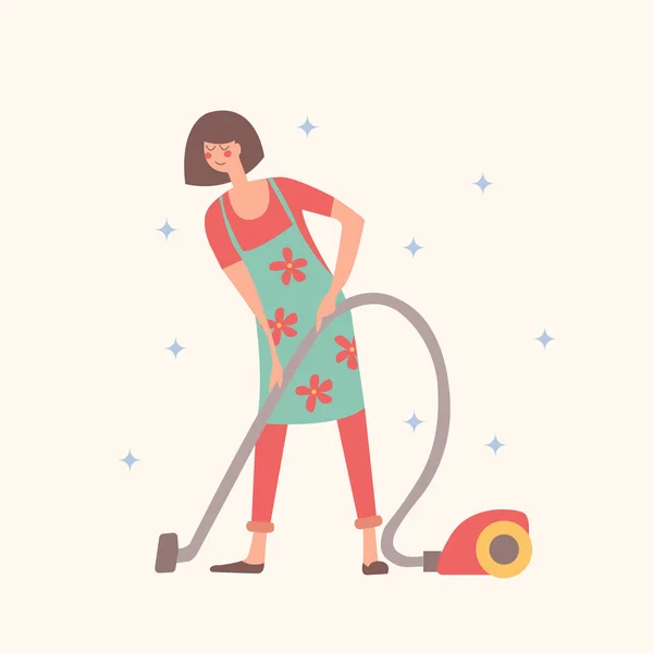 Girl Vacuums Housework House Cleaning Vector Illustration Light Background — Stock Vector