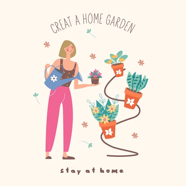 Zůstaň Doma Vytvořit Domácí Zahradu Dívka Květinářství Zalévání Květináče Květiny — Stockový vektor