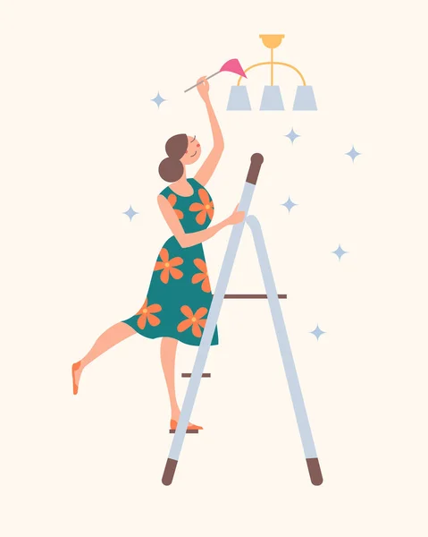 Chica Pie Las Escaleras Limpiando Lámpara Trabajo Doméstico Ilustración Vectorial — Archivo Imágenes Vectoriales